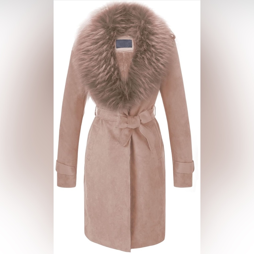 NWT Bellivera Women Faux Leather Trench Coat Fleece-Lined Mid-length Jacket